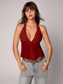 TRNVIE Women's V-Neck Spaghetti Strap Net Mesh Camisole, Apricot Color, Resort Style, Spring/Summer - Burgundy - View 7