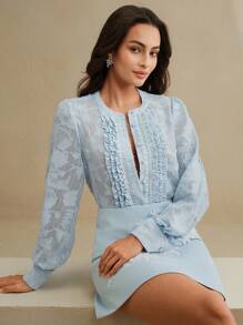 Anewsta Áo cánh cổ tròn vải kết cấu viền xếp nếp trong suốt thanh lịch hiện đại lãng mạn cho nữ, mùa xuân/hè - Màu xanh lam - Xem 3