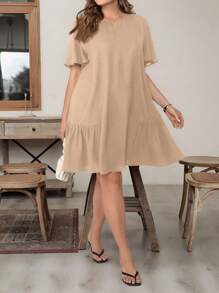 2026 New vestidos casual  Vestido corto negro básico de manga corta, cómodo y holgado, de moda casual para mujer de talla grande, para primavera y verano, estilo "Old Money", vestidos de igl - Albaricoque 2 - Ver 3
