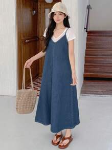 DAZY 女式宽松牛仔吊带连衣裙，春夏 - 水鴨藍 - 查看 3