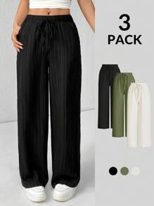 SHEIN PETITE 女款三件套纹理阔腿裤 黑色+白色+绿色 - 彩色 - 查看 10