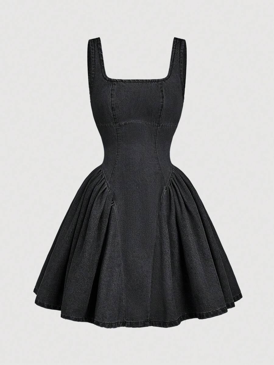 SHEIN MOD Damen Sommer Kleid mit quadratischem Ausschnitt, Raffung und ärmelloses Lässig Jeans Kleid