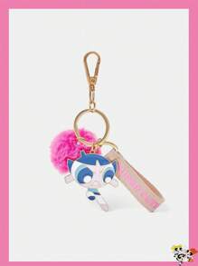 THE POWERPUFF GIRLS X SHEIN 卡通图案和毛球吊坠时尚可爱钥匙扣 - 金黃色 - 查看 1