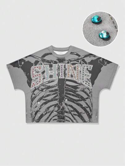 Street Life T-shirt casual da uomo a girocollo con stampa di lettere e scheletro, con strass, adatta per rave e Ognissanti