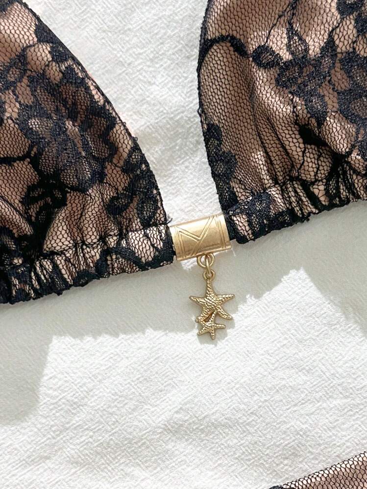 Swim Mod 2 pezzi Bikini set sexy con decorazione metallica, collo ad aletta senza maniche e schiena scoperta, estivo - nero - Visualizzare 5