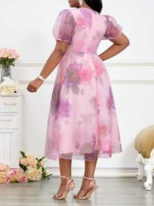SHEIN Lady Vestido Body con contraste de cuello, manga globo y malla, de punto morado, elegante para oficina y uso diario, tallas grandes, vestidos elegantes de mujer, ropa de verano elegante, ropa de primavera