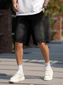 Manfinity Homme 男士宽松口袋阔腿休闲百搭牛仔短裤 - 黑色 - 查看 4