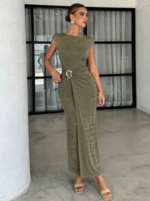 Lavishia Summer Apricot Metallic Shine Knee-Length Fit & Flare Dress, Crew Neck Short Sleeve Fashion Women Dress - Army Green - View 4