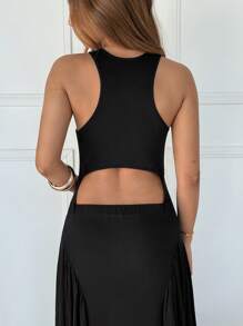 SHEIN EZwear Vestido negro sin espalda y sin mangas de punto de verano para mujer - Negro - Ver 2