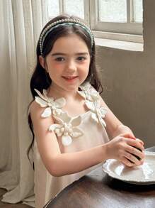 LMoss Kids 年轻女孩平纹编织 3D 花卉贴身休闲吊带背心连衣裙 - 杏色 - 查看 7