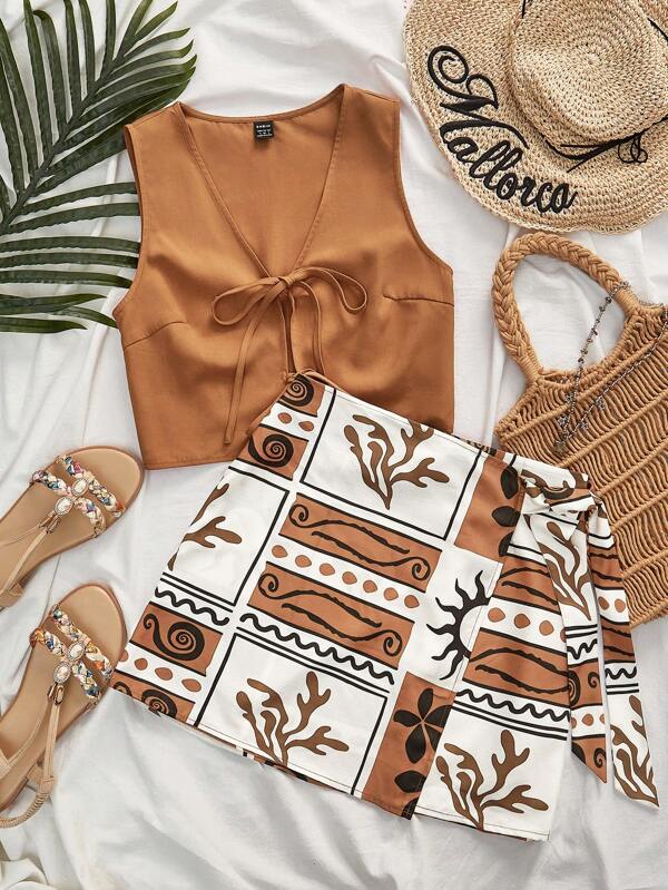 Travachic Set de 2 piezas para mujer: Top corto sin mangas de unicolor y falda mini impresa de cintura alta, ambos de tejido