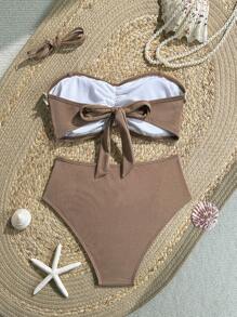 Swim Vcay 女士夏季海滩纯色罗纹针织贝壳和海星装饰肩带可拆卸比基尼上衣和三角裤休闲度假泳衣套装 - 棕色 - 查看 8