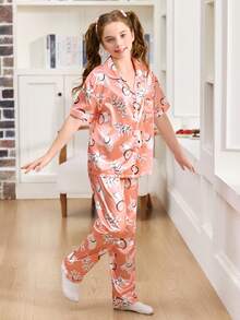 SHEIN 大龄女童卡通动物印花翻领衬衫和睡衣套装，丝滑质感 - 棕色 - 查看 5