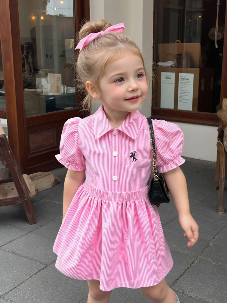 SHEIN 2PCS Baby Girls Korean Summer Casual Cute Collared Embroidered Stripe Shirt & Stripe Skirt Outfit 2 Year Old Girl Clothes - Pink - View 1