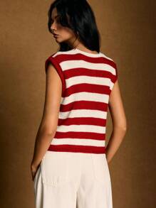 Poéselle Women's Striped Metallic Single Breasted Casual Knit Vest, Women Sweater Vest, Red And White Striped Vest, Red And White Knit Top, Vests For Women In Fall/Winter - Red - View 2
