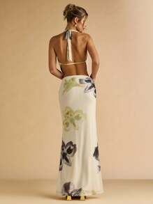 SHEIN BAE Summer Women's Clothing, Flower Metal Button Decorated Women's Tops & Mid-Low Waist Pleated Flower Long Skirts, Women's Two-Piece Suits, Holiday Two-Piece Suits,Vacation Outfits Woman,Beach Outfits For Woman,Two Piece Summer Set - Multicolor - View 2