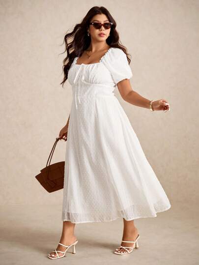 Elaquor 大码女式泡泡袖雪纺连衣裙，褶皱紧身胸衣，系带腰部设计，长款超长连衣裙，白色，适合度假、外出、约会、时尚大码超长连衣裙