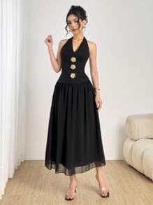 Modelyn Robe d'été élégante avec décoration métallique au col ras-du-cou pour femmes - Noir - Voir 8