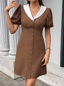 Chiquease 女士夏季沙滩裙，优雅设计，海军蓝领子，配色，泡泡袖 - 咖啡棕 - 查看 4