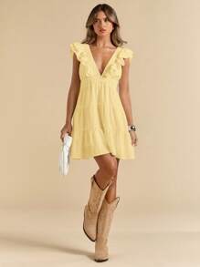 SHEIN BAE Solid Color White Linen Deep V-Neck Short Sleeve Fitted Short Mini Dress, Vacation Dress, White Dress, Graduation/Back To School Dress,Boho Clothes Women - Yellow - View 1