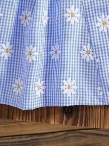 Souflis Souflis 2pcs/Set Baby Girl Summer Cute Fresh Plaid Daisy Print Blue Dress & Matching Beret Hat, Classic Plaid Print Design With Fashionable Silhouette, Suitable For Baby Daily Wear, Home And Outing Baby Girl Daisy Dress Baby Girl Gingham Dress Baby Girl Summer Dress - Blue and White - View 7