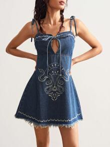 Bohemela 女式休闲纯色牛仔吊带迷你连衣裙