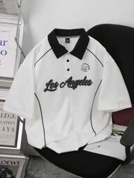 Claim Dot Men's Letter Print Short Sleeve Casual Commute Polo Shirt,Men's Summer Clothing, Teen Clothing, Lapel Short Sleeve Button Down Contrast Color Polo Shirt, "Los Angeles" Print, Daily Casual, Suitable For Going Out, A Great Gift For Boyfriend, Back To School, Preppy, Ivy League Style