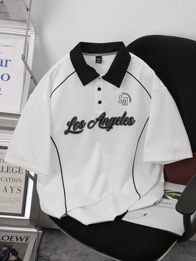 Claim Dot Men's Letter Print Short Sleeve Casual Commute Polo Shirt,Men's Summer Clothing, Teen Clothing, Lapel Short Sleeve Button Down Contrast Color Polo Shirt, "Los Angeles" Print, Daily Casual, Suitable For Going Out, A Great Gift For Boyfriend, Back To School, Preppy, Ivy League Style