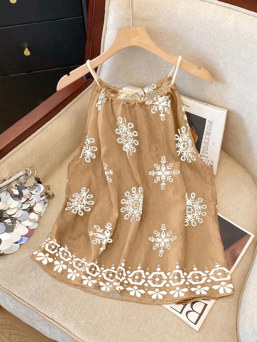 SHEIN Women Geometric Print Spaghetti Strap Tank Top, Casual For Summer - Brown - View 1