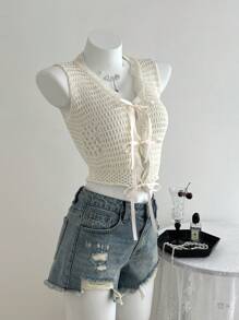 SHEIN Unity 女士度假风打结针织无袖开衫，轻薄款 - 白色 - 查看 5