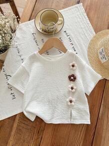 LMoss Kids LMoss Baby Girl Solid Color Knit Round Neck Loose Casual Top Baby Tops Toddler Tops Toddler Summer Tops Baby Girl Summer Top Baby Girl Top - White - View 5