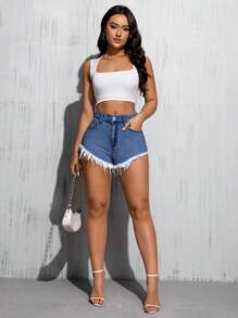 SHEIN EZwear 女士休闲流苏口袋牛仔短裤，百搭 - 淺色水洗藍 - 查看 5
