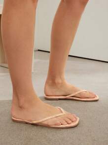 SHUZIA 女士舒适经典木纹印花人字平底凉鞋 - 米色 - 查看 5