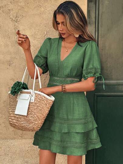 SHEIN Clasi Women Solid Color Ruffle V-Neck Short Puff Sleeve Dress, Summer