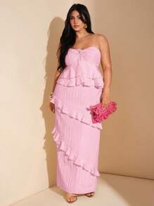 SHEIN BAE 加大码女式黄色和浅黄色纹理荷叶边长裙，非常适合度假、约会之夜、伴娘、派对、优雅夏季细肩带长裙、婚礼宾客礼服女式 - 淺粉色 - 查看 3