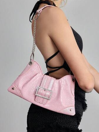 Grunge Punk Y2K Pink Crocodile Embossed Shoulder Bag With Rhinestone Buckle & Studded Decor - Glamorous Crossbody Purse For Daily Outings & Travel & Back To School Outfits