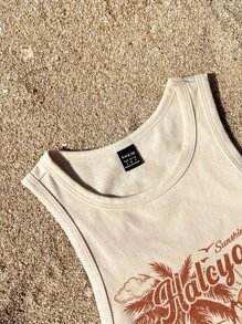 SHEIN EZwear Top camiseta ajustada de cuello redondo minimalista y casual con estampado tropical para mujer, de verano