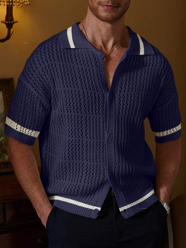 Manfinity CityGents Men's Contrast Striped Hollow Out Knit Sweater,Men Sweater Zip Ups Knitted Shirts For Men Men S Knit Shirt Knitted Men Shirt Knitted Shirt Men