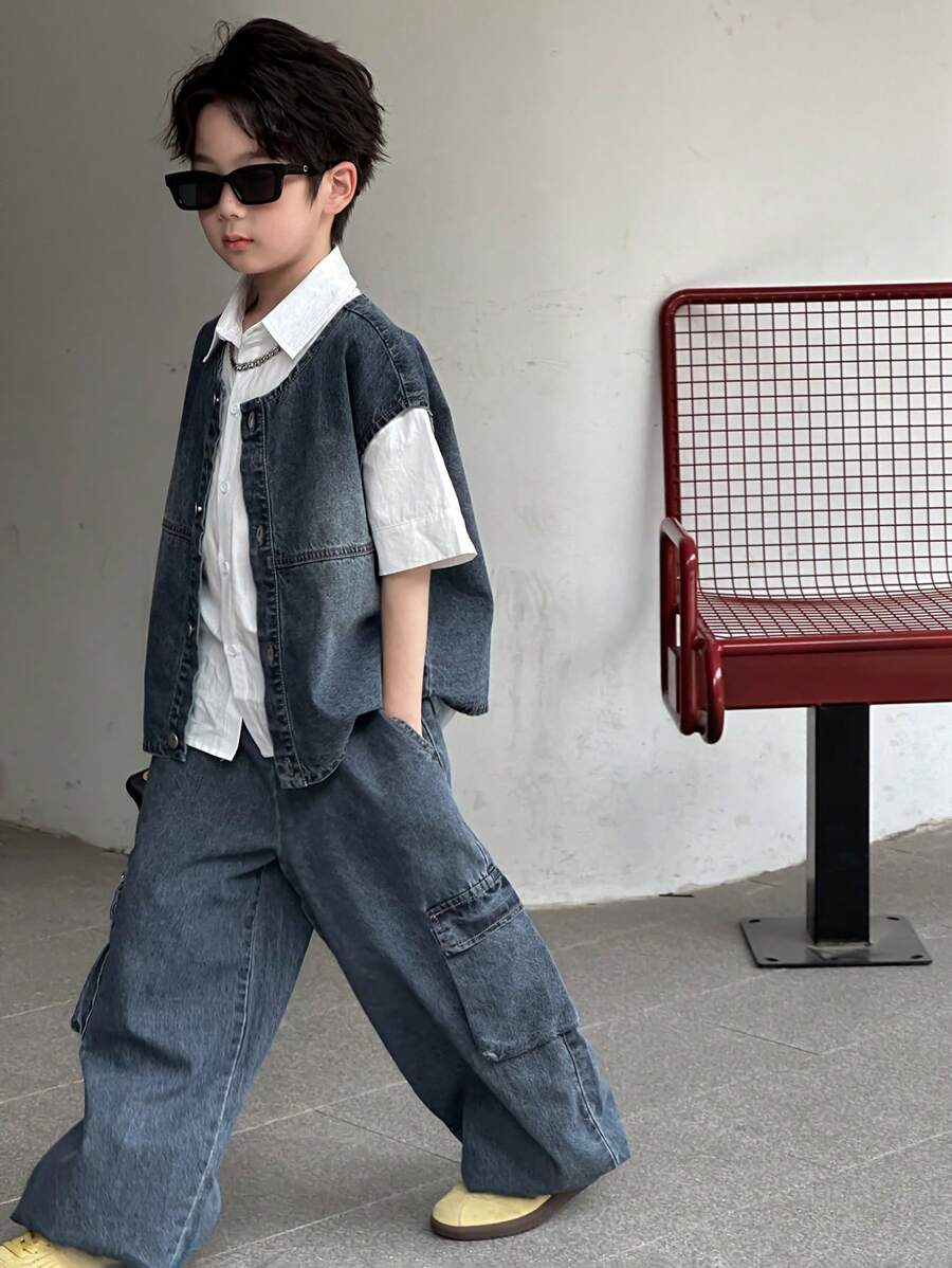 Dazy Kids Tween Boy Casual Washed Denim Top And Pants Set - Grey - View 1