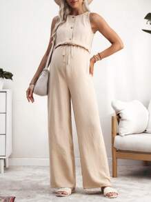 SHEIN Maternity Jumpsuit With Round Neck, Front Button, Drawstring Waistband, Dramatic Ruffle Back - Apricot - View 2