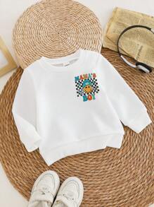 SHEIN Playful Pals 男婴白色休闲笑脸图案字母印花长袖针织衫，适合春秋季节，适合日常和户外穿着