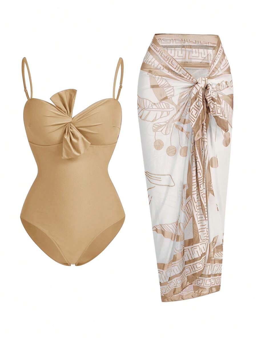 Swim Oasis 1 件女士度假纯色前结吊带背心泳衣和热带植物印花雪纺罩衫（含裙子）