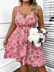 SHEIN VCAY Plus Size Women Floral Print Casual Sleeveless Dress