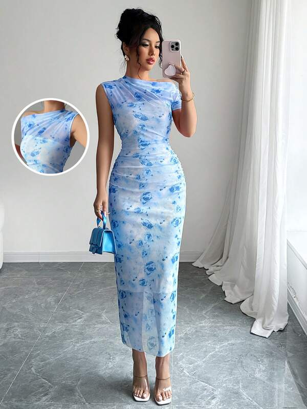 Elenzga 2025 Summer French Elegant Peach Pink Tie-Dye Print Asymmetric Shoulder Design Fitted Waist Slim Bodycon Dress