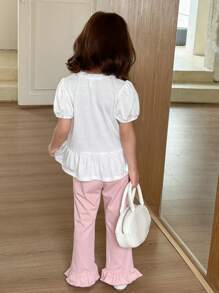 SHEIN 年轻女孩休闲字母印花荷叶边下摆T恤和裤子套装 - 彩色 - 查看 5