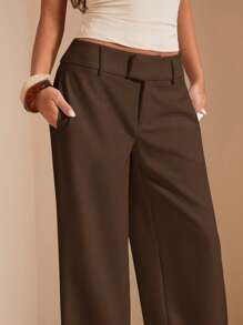 SHEIN BAE 女士纯色奶油白色阔腿裤，休闲低腰裤，适合日常、度假、办公室穿着，春夏季 - 咖啡棕 - 查看 7