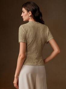 Anewsta 夏季、优雅、度假、节日、海滩、节日、Oldmoney 春季优雅休闲女士针织纹理抗皱百搭杏色短袖 T 恤 - 卡其色 - 查看 2