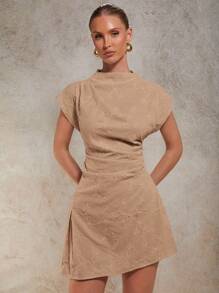 COSMINA Women's Fashionable & Elegant Embroidered Waist Mini Dress - Khaki - View 3