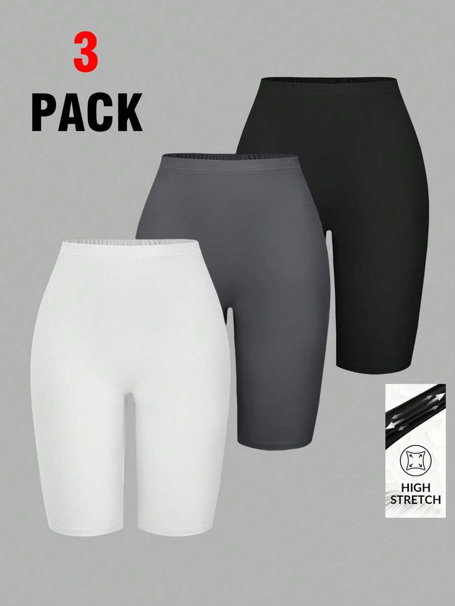 SHEIN EZwear 3 chiếc quần đùi thể thao nữ cỡ lớn, màu trơn, cạp chun, thích hợp mặc đi xe đạp, đa năng cho mùa hè. - Nhiều màu - Xem 1