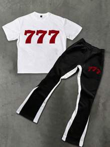 Manfinity Streetrush Conjunto casual de camiseta con estampado de número y pantalón largo con costuras de color contrastante para hombre, Conjunto de 2 piezas de verano para hombre